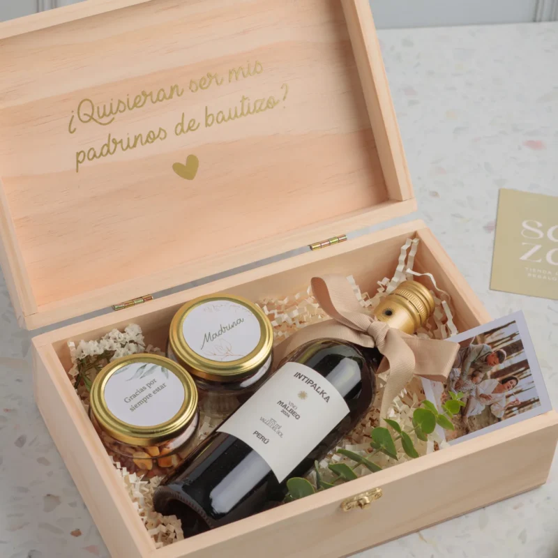 Pack Madrina & Padrino: Cofre Personalizado & Vino Intipalka