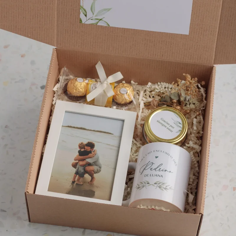 Set Madrina/Padrino: Caja, Taza & Fotografía Personalizada